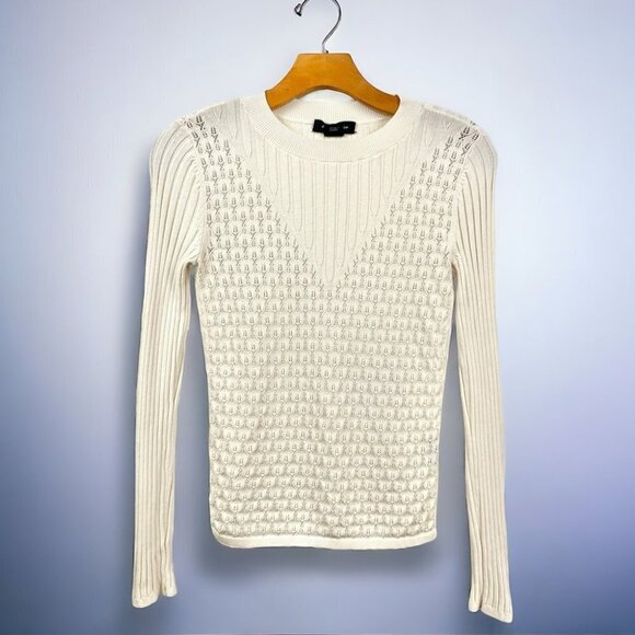 Club Monaco Sweaters - Club Monaco Cream Pointelle and Ribbed Knit Long Sleeve Light Gauge Sweater XS